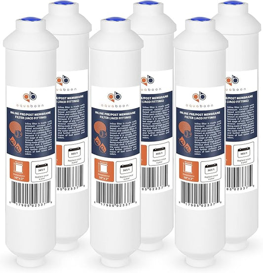 Aquaboon Inline Water Filter for Refrigerator 6-Pack of Inline Post/Carbon Polishing Water Filter Catridge for Reverse Osmosis System Standard Size (Jaco fitting)