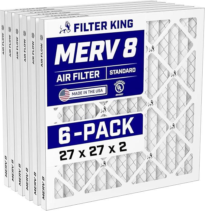 Filter King 27x27x2 Air Filter (MERV 8) (6-Pack) Dust & Allergy Control AC Furnace Filters, MADE IN USA, HVAC, Pleated, Electrostatic (Actual Size: 26.5 x 26.5 x 1.75)