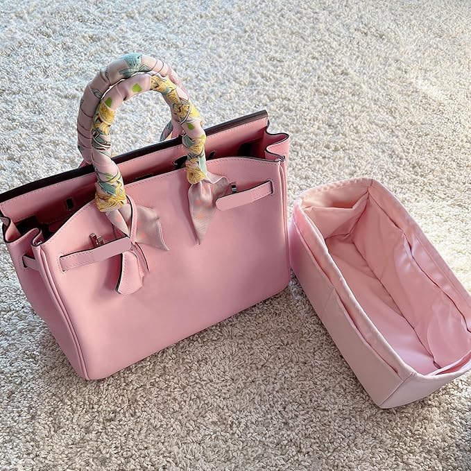 Purse Organizer Insert for Birkin 20, Lightweight & Soft Satin Organizer Insert with Pockets for Woman Bags, Ideal for Travel, Shopping, and Daily Use, Multicolor Options(Pink, BK 20)