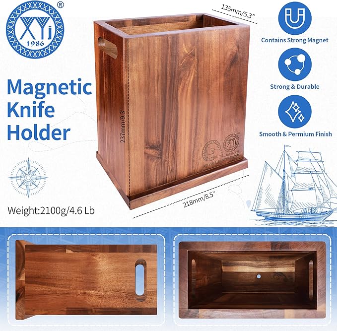 XYJ Magnetic Knife Block Holder,Double Side Magnetic Knife Stand,Acacia Wood,Extra Large Capacity Magnet Knife Storage for Knives and Utensils,Kitchen Organizer Rack Tool Without Knives