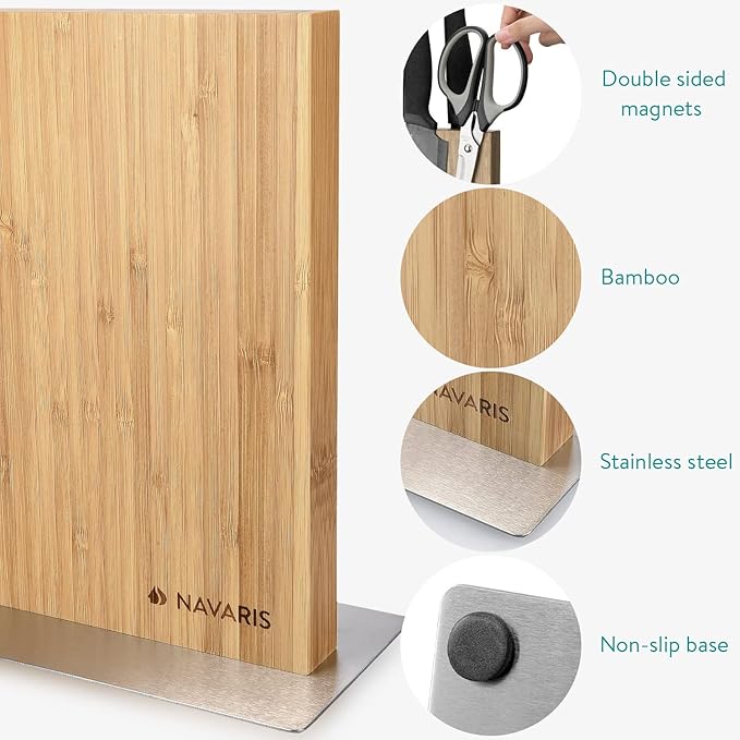 Navaris Magnetic Knife Block - Kitchen Storage with Strong Magnets for Knives & Utensils - Simple Modern Magnet Utensil Holder in Bamboo - 8.9" x 8.7"