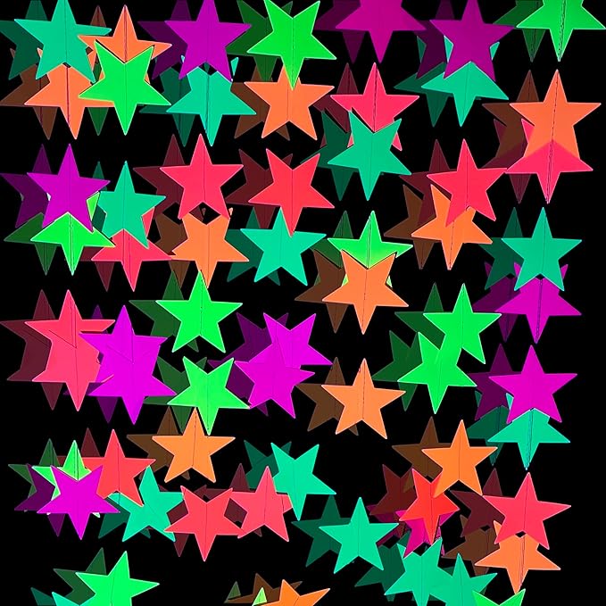 120feet Star UV Neon Garland Hanging Paper Glow in The Dark Glow Party Supplies and Decorations Blacklight Reactive Fluorescent Black Light Kit Neon Party Birthday Wedding