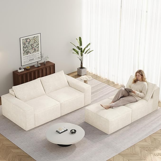 Vesgantti 114" Boneless Modular Sectional Sofa, Modern 3 Seater Couch with Ottoman & Deep Seat, Convertible Chenille L Shaped Cloud Couches for Living Room, No Assembly Required, Beige