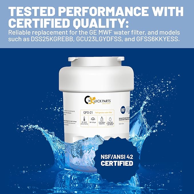 QPD-21 GE MWF Refrigerator Water Filter Replacement – Fits GE Side-by-Side Refrigerator Models DSS25KGREBB, GSH25JFXJWW & GFSS6KKYESS – 2-Pack Coconut Carbon Block Water Filters