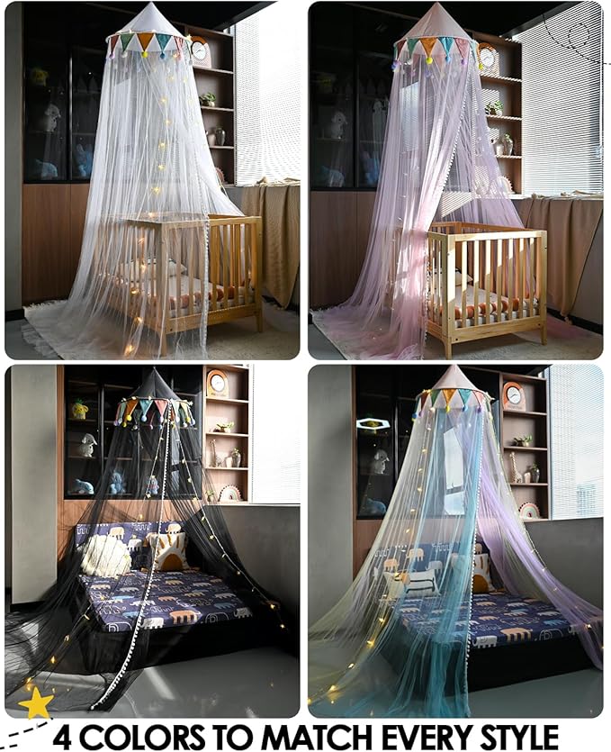 Princess Bed Canopy with Star Lights for Girls, Play Tent Canopy Bed Curtain Indoor Room Decor Stuff Gift for Kid Boys Bunk Twin Full Size Bed Reading Nook Hanging Dome Mosquito Net Pink