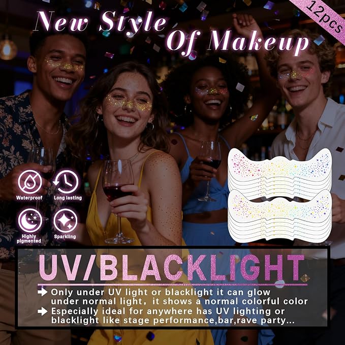 Noerrors 12pcs Rainbow Freckles Face Tattoo Sticker Glow under UV Light Blacklight in the Dark, Neon Fluorescent Glitter Colorful Fake Faux Freckle Temporary Patches Makeup for Party Supplies #01+02
