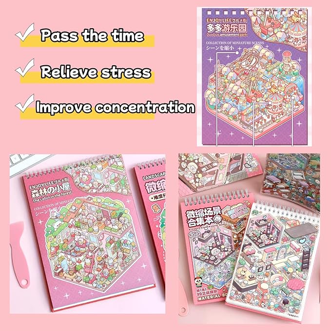 6 Sets Sticker Therapy DIY 3D Mini Scene Book: 1000+ Premium Removable Stickers for Anxiety Relief, Creative Scrapbooking Reusable Stress Relief Activities for Adults and Teens