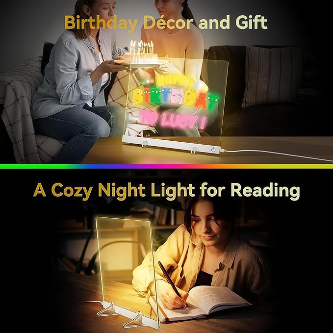 LED Drawing Board, Glow Acrylic Dry Erase Message Board with Light, 7 Colors & 4 Modes with Stand, Night Light for Room, Get Extra 7 Markers & 10pcs 3D Magic Puffy Paint Kit (11.8'' x 7.9'')
