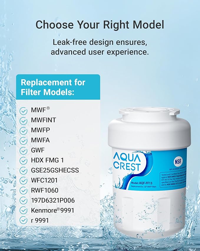 AQUA CREST AQF-FF13 Replacement for GE® SmartWater® MWF®, MWFINT, MWFP, MWFA, GWF, HDX FMG-1, GSE25GSHECSS, WFC1201, Kenmore® 9991 Refrigerator Water filter, 3 Filters