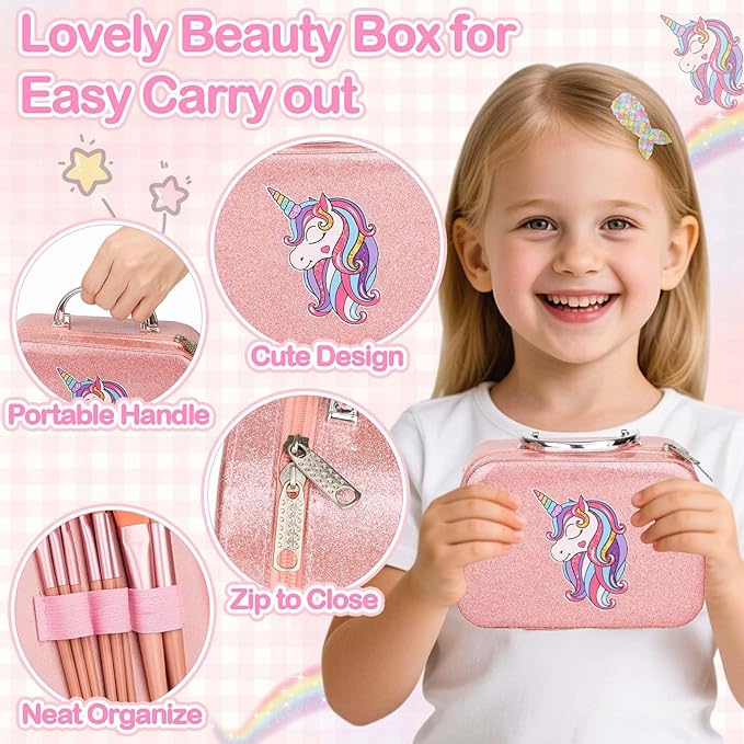 Kids Makeup & Nail Kit for Girls, Washable Cosmetic with Unicorn Storage Case, Kids Play Makeup Set, Girls Nail Polish and Press on Nails for Girl Birthday Gift 8 10 11 12+