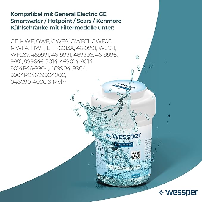 Wessper® Aqua Crystalline Fridge Freezer Water Filter Replacement for General Electric GE Smartwater: MWF GE MWF MWFA MWFAP MWFDS MWF-INT MWFP GWF GWF01 GWF06 GWFA GWFDS 53-WF-07GE WF07 101057A