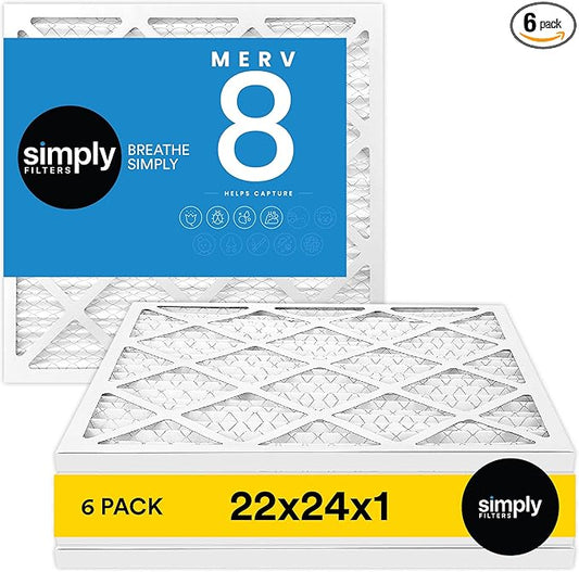 Simply 22x24x1 Air Filter, Merv 8, 6 Pack, For Home AC Furnace & HVAC (Actual Size: 21.75"x23.75"x0.75") DUST, Pet, & Allergy Control