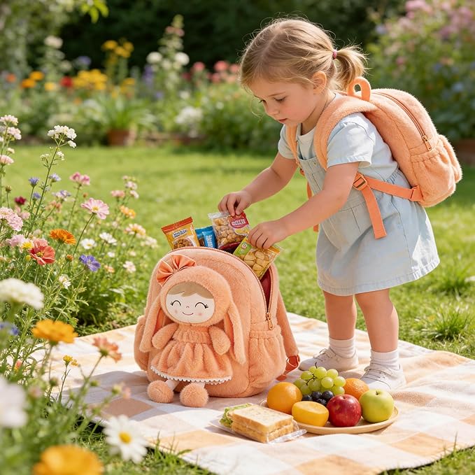 Gloveleya Back to School Gifts for Girls Toddler Backpack Plush Bag with Detachable Orange Rabbit 11 Inches Gift for Baby Girl Aged 2+
