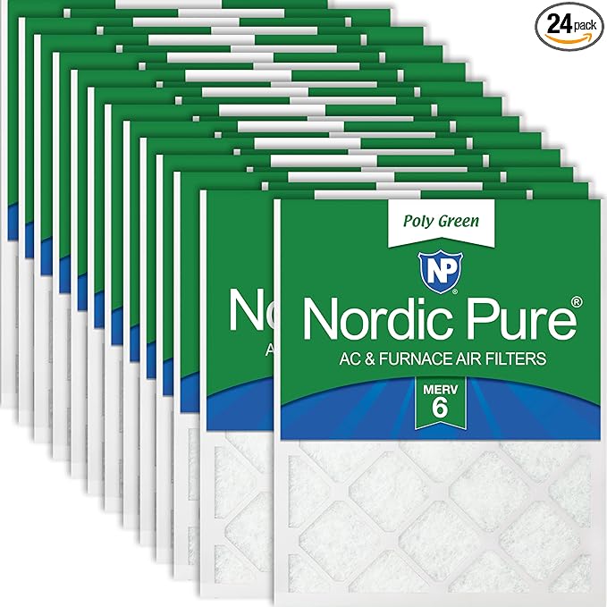 Nordic Pure 16x25x1 (Actual Size: 15 1/2 x 24 1/2 x 3/4) Poly Green MERV 6 AC Furnace Air Filters – Reduces Dust, Pollen, Pet Dander & Allergens – 24-Pack