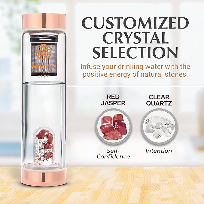 Almeara Crystal Water Bottle with Authentic Red Jasper Stones & Clear Quartz Removable Gemstones, Loose Leaf Tea Infuser - Relaxation, Healing & Spiritual Gifts for Women - Witchcraft Supplies