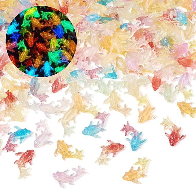 200 Pcs Glow in The Dark Goldfish Flatback Cabochons Multicolored Resin Nail Charms Luminous Goldfish Model Figurines for Crafts Fairy Garden Micro Landscape Scrapbooking Decor