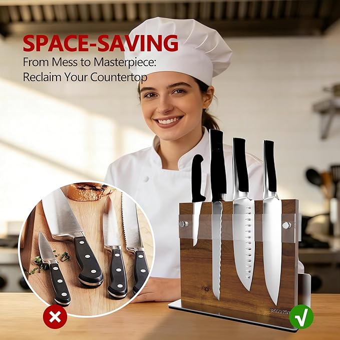 Acacia Magnetic Knife Block Double-Sided for Kitchen Counter Top - Heavy Duty Base & Shatter-Resistant Acrylic Shield, Holds 10-12 Knives, Space Saving Organizer (No Knives Included)