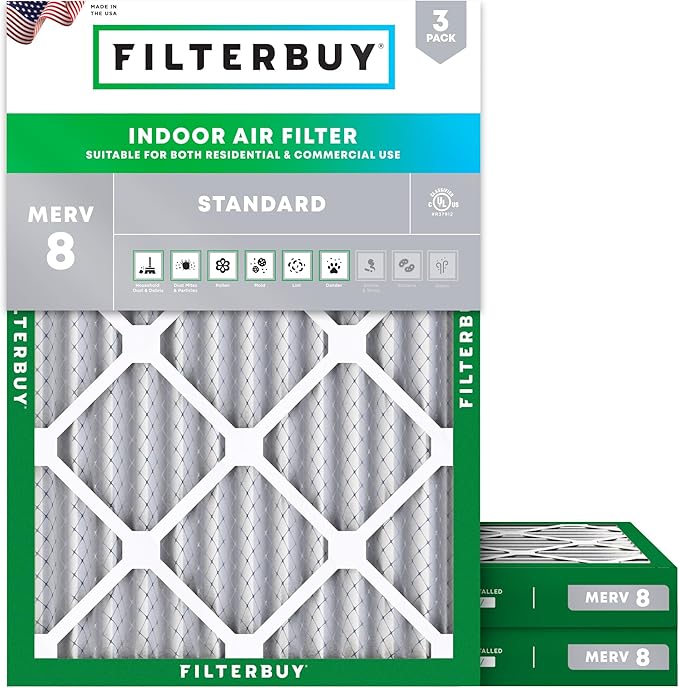 Filterbuy 18x25x2 Air Filter MERV 8 Essential Dust & Allergy Defense (3-Pack), Electrostatic Pleated HVAC AC Furnace Filters Replacement (Actual Size: 17.50 x 24.50 x 1.75)