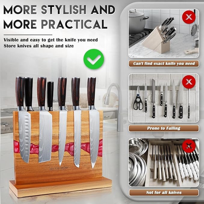 MEN WITH THE POT Magnetic Knife Block 13 x 10 Inches, Double Sided Magnetic Knife Holder Rack for Kitchen Counter Top, Space Saving Wood & Red Resin Knife Storage, Women Kitchen Essentials, Gift Box
