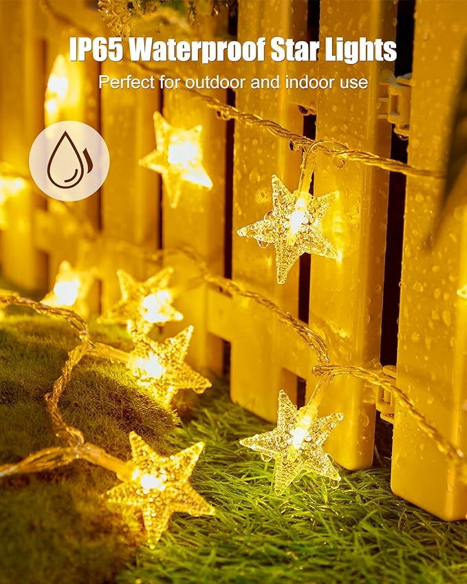 Minetom Star String Lights Plug in - 66 ft 200 LED Star Fairy String Lights with Remote and Timer, 8 Modes Waterproof for Bedroom Tent Loft Bed Window Backyard Patio Porch Balcony Party, Warm White