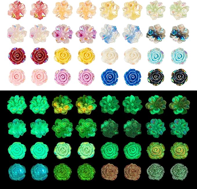 48Pcs Glow in The Dark Flat Back 3D Flower Cabochons Luminous Rose Flower Cabochons Embellishment Resin Floral Spring Beads for Phone Cases Scrapbooking DIY Decoration