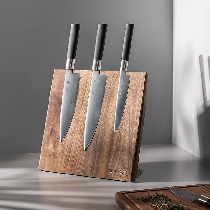 Navaris Wooden Magnetic Knife Holder - Universal Wood Magnetic Knife Block - Organizer for Knives Scissors Kitchen Cutlery - Walnut 10.9" x 10.8"