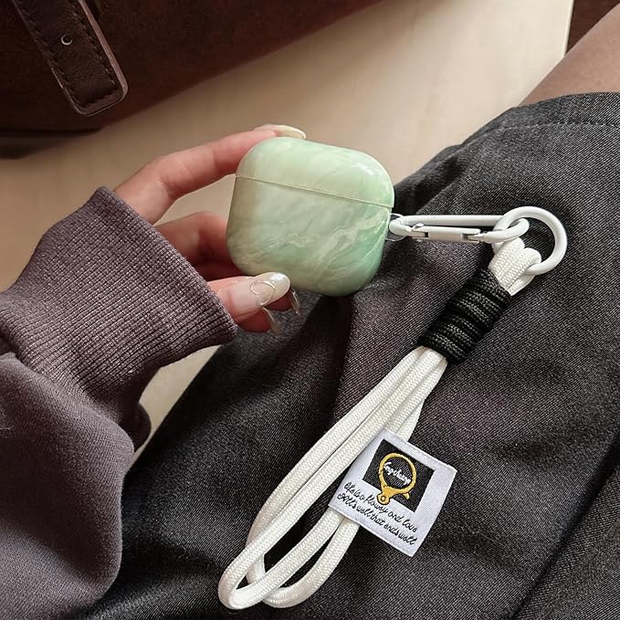 Marble Green AirPods 4 Case for Women, Fashion Shockproof TPU Protective Cover with Adjustable Neck Strap & Hand Strap, Cute Travel Accessories Compatible with AirPods 4/4 Noise Cancelling