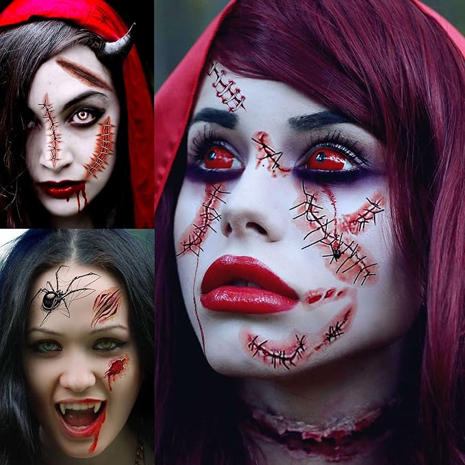 236+ PCS 45 Sheets Halloween Temporary Tattoos For Kids Zombie Makeup Kits 3D Bats Spider Web Witch Small Black Ghost Pumpkin Face Stitches Fake Scar Tattoo Stickers For Women Adult Men Skull