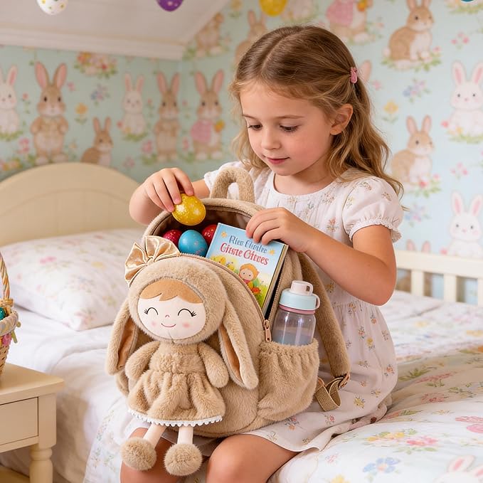 Gloveleya Toddler Backpack with Soft Brown Rabbit 11 inches Detachable Design for Girl Age 2+