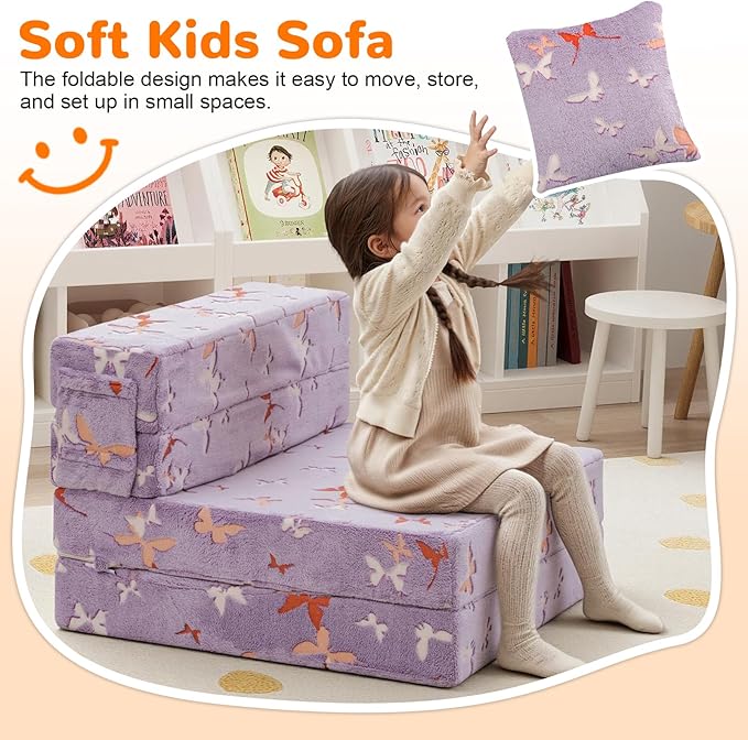 MeMoreCool Foldable Futon Chair Bed for Kids, Glow Tri-fold Sofa Bed Convertible Toddler Sofa Mattress, Foam Floor Couch for Sitting, Purple