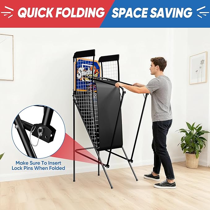 Foldable Electronic Arcade Basketball Game with Electronic Scorer & Buzzer 3 Basketballs & Pump, Pop-Up Game, Indoor Basketball Arcade Game for Kids Adults