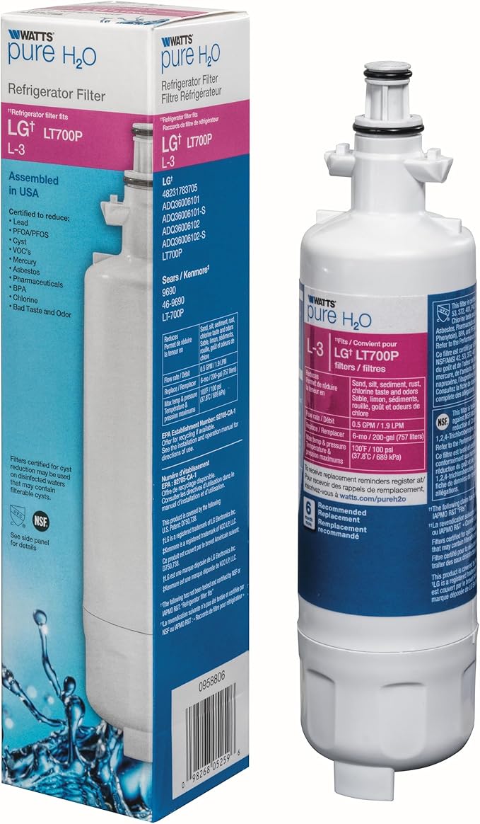 Watts L-3 LG Refrigerator Water Filter Replacement Cartridge, Compatible with LT1000P/ADQ73613401, 6-Month Life, Reduces Lead, Chlorine, Taste & Odor, NSF Certified