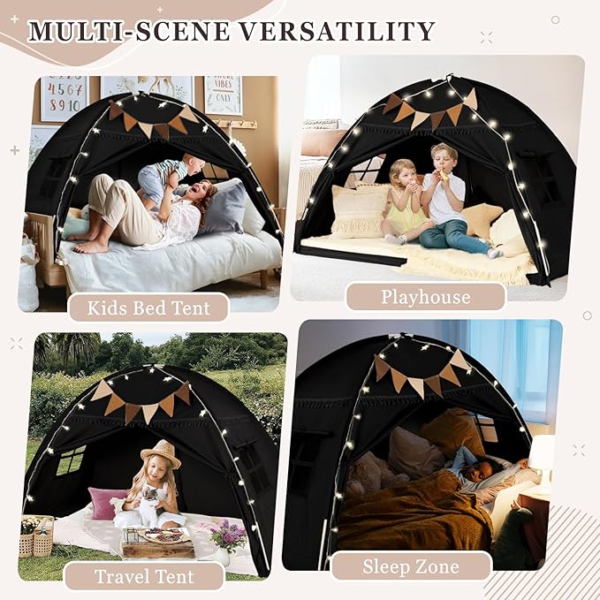 Full Size Bed Tent Canopy, Kids Play Tent with Flags & Star Lights, Canopy on Bed Privacy Space Sleeping Blackout Tents, Indoor Breathable Portable & Foldable, XL-Large Black Tassels Style
