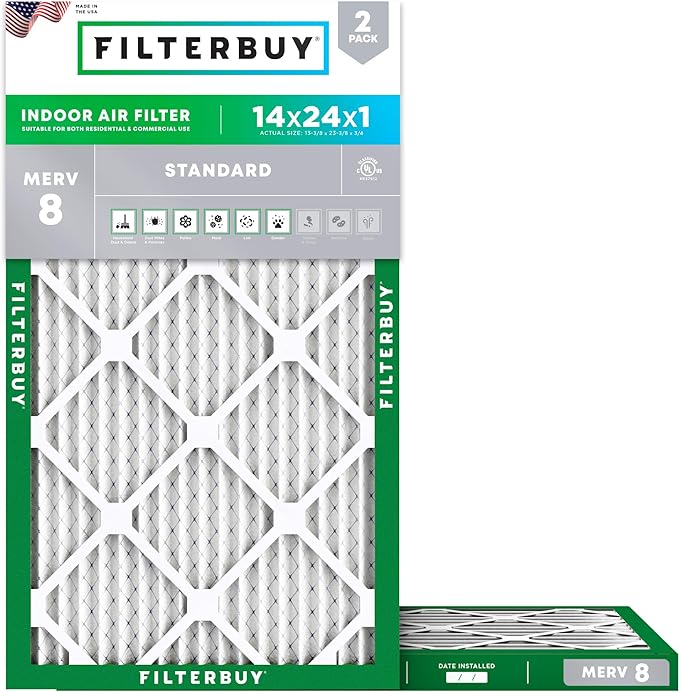 Filterbuy 14x24x1 Air Filter MERV 8 Essential Dust & Allergy Defense (2-Pack), Electrostatic Pleated HVAC AC Furnace Filters Replacement (Actual Size: 13.38 x 23.38 x 0.75)