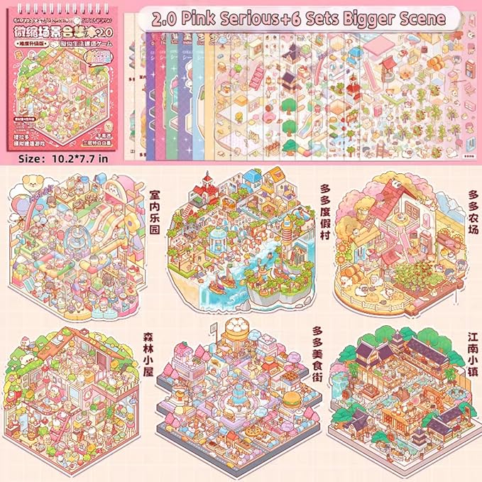 6 Sets Sticker Therapy DIY 3D Mini Scene Book: 1000+ Premium Removable Stickers for Anxiety Relief, Creative Scrapbooking Reusable Stress Relief Activities for Adults and Teens