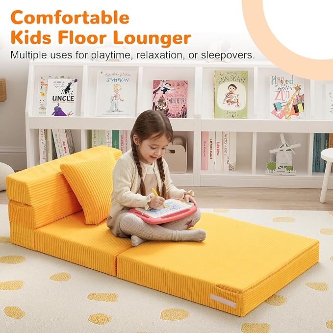 MeMoreCool Folding Sofa for Kids, Corduroy Fold Out Futon Chair, Small Foldable Floor Mattress, Portable Children Couch Sofa, Yellow