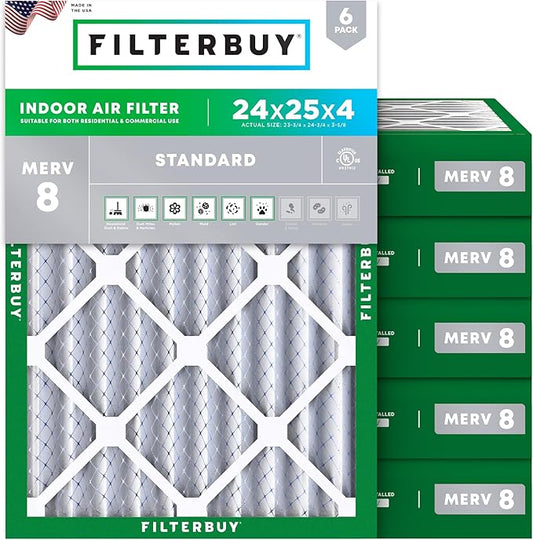 Filterbuy 24x25x4 Air Filter MERV 8 Essential Dust & Allergy Defense (6-Pack), Electrostatic Pleated HVAC AC Furnace Filters Replacement (Actual Size: 23.75 x 24.75 x 3.63)