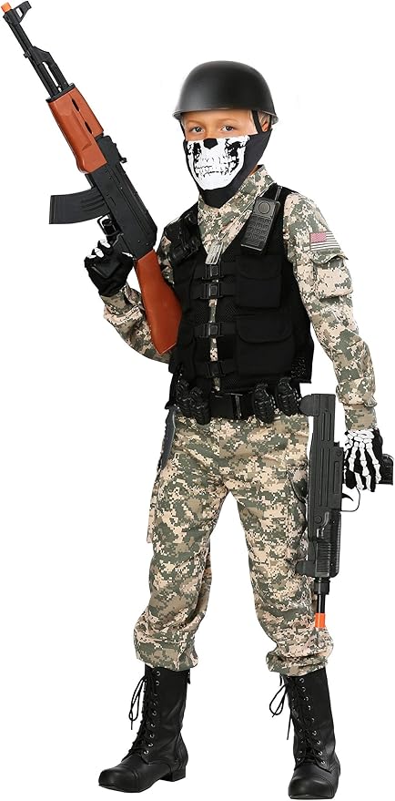 Kids Battle Soldier Costume | Boys Army Tactical Camouflaged Jumpsuit, Halloween Outfit with Skull Mask & Accessories