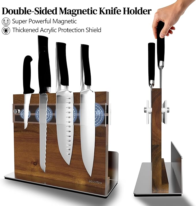 Acacia Magnetic Knife Block Double-Sided for Kitchen Counter Top - Heavy Duty Base & Shatter-Resistant Acrylic Shield, Holds 10-12 Knives, Space Saving Organizer (No Knives Included)