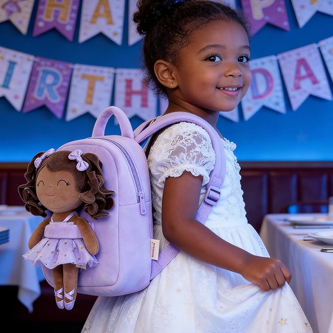 Gloveleya Toddler Backpack Baby Ballerina Girl Gifts Plush Curly Hair Ballet Backpack - Black Purple 9 inches
