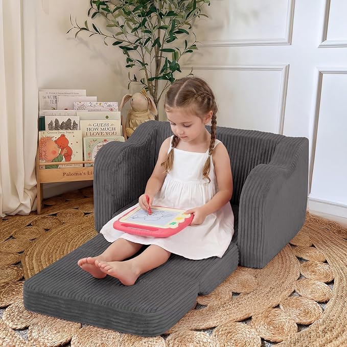 MeMoreCool Toddler Chair Comfy for 1-3 Years Old, Corduroy Kids Couch Bed Fold Out, 2-in-1 Foldable Baby Lounge Chair, Pull Out Children Sofa Bed, Dark Grey