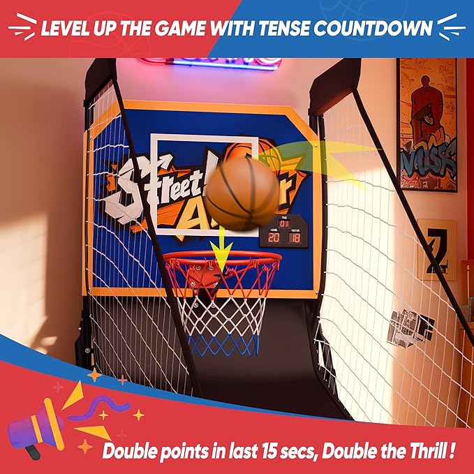 Foldable Electronic Arcade Basketball Game with Electronic Scorer & Buzzer 3 Basketballs & Pump, Pop-Up Game, Indoor Basketball Arcade Game for Kids Adults