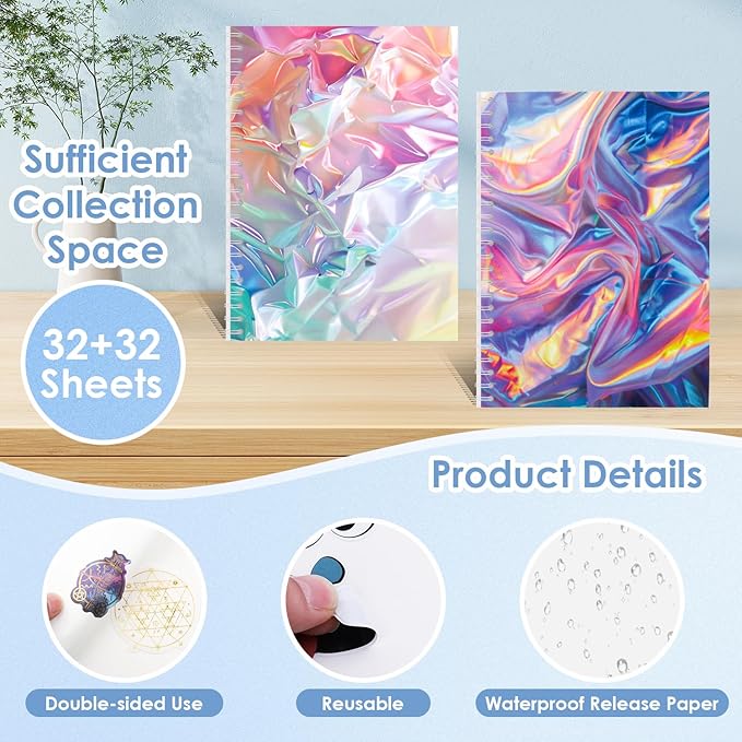UFU 2 Pack Reusable Sticker Book Collecting Album Sticker Storage Organizer Book with 32+32 Blank Release Paper A5 Size Sticker Holder Collection