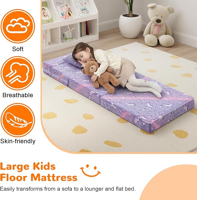 MeMoreCool Foldable Futon Chair Bed for Kids, Glow Tri-Fold Sofa Bed Convertible Toddler Sofa Mattress, Foam Floor Couch for Sitting, Purple