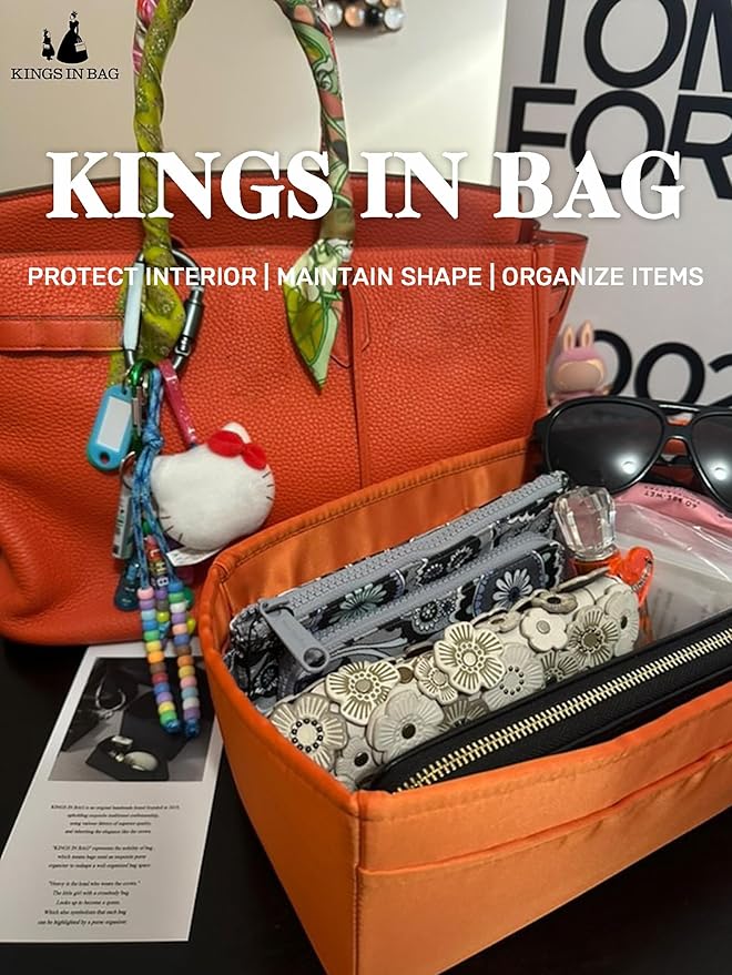 Purse Organizer Insert for Birkin 25, Lightweight & Soft Satin Organizer Insert with Pockets for Woman Bags, Ideal for Travel, Shopping, and Daily Use, Multicolor Options(Orange, BK25 Sellier)