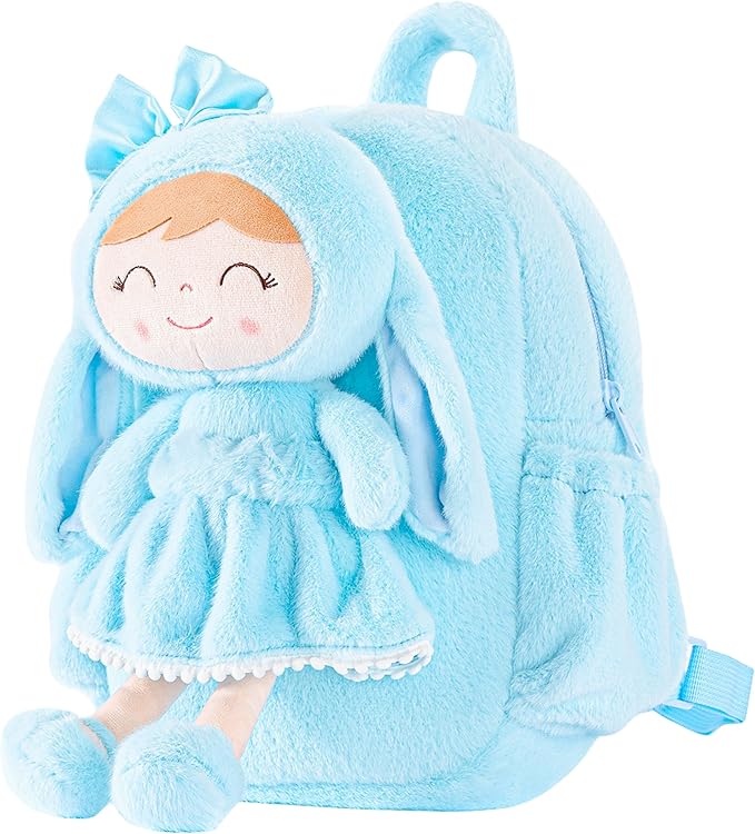 Gloveleya Back to School Gifts for Girls Toddler Backpack Kids Backpack Baby Girl Gift Plush Bag with Pure Blue Rabbit Doll Aged 2+