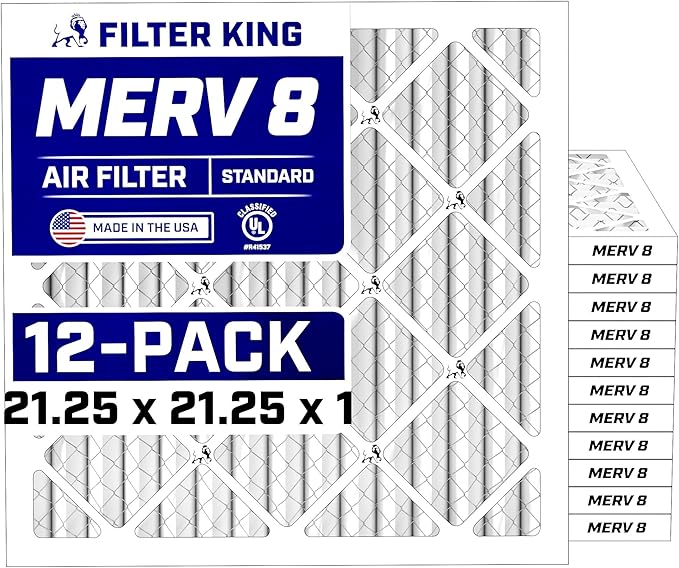 Filter King 21.25x21.25x1 Air Filter (MERV 8) (12-Pack) Dust & Allergy Control AC Furnace Filters, MADE IN USA, HVAC, Pleated, Electrostatic (Actual Size: 21.25 x 21.25 x .75)