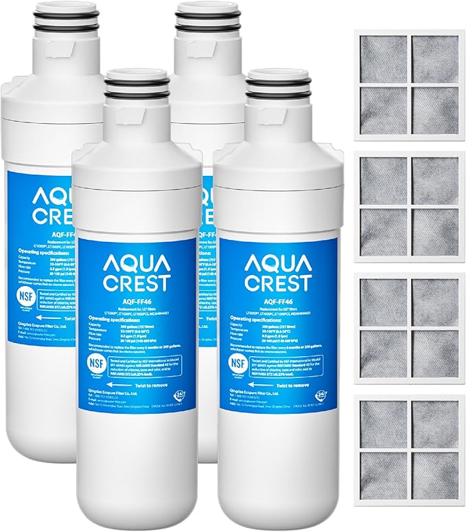 AQUA CREST LT1000PC ADQ747935 Refrigerator Water Filter and Air Filter, Replacement for LG® LT1000P®/PC/PCS, LMXS28626S, LFXS26973S, MDJ64844601, ADQ74793501, ADQ74793502 and LT120F®, 4 Combo