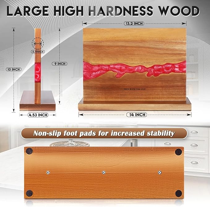 MEN WITH THE POT Magnetic Knife Block 13 x 10 Inches, Double Sided Magnetic Knife Holder Rack for Kitchen Counter Top, Space Saving Wood & Red Resin Knife Storage, Women Kitchen Essentials, Gift Box