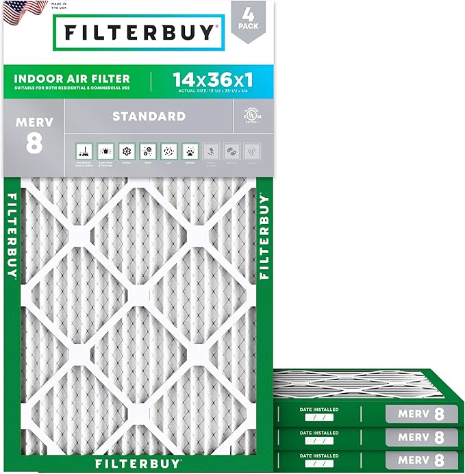 Filterbuy 14x36x1 Air Filter MERV 8 Essential Dust & Allergy Defense (4-Pack), Electrostatic Pleated HVAC AC Furnace Filters Replacement (Actual Size: 13.50 x 35.50 x 0.75)